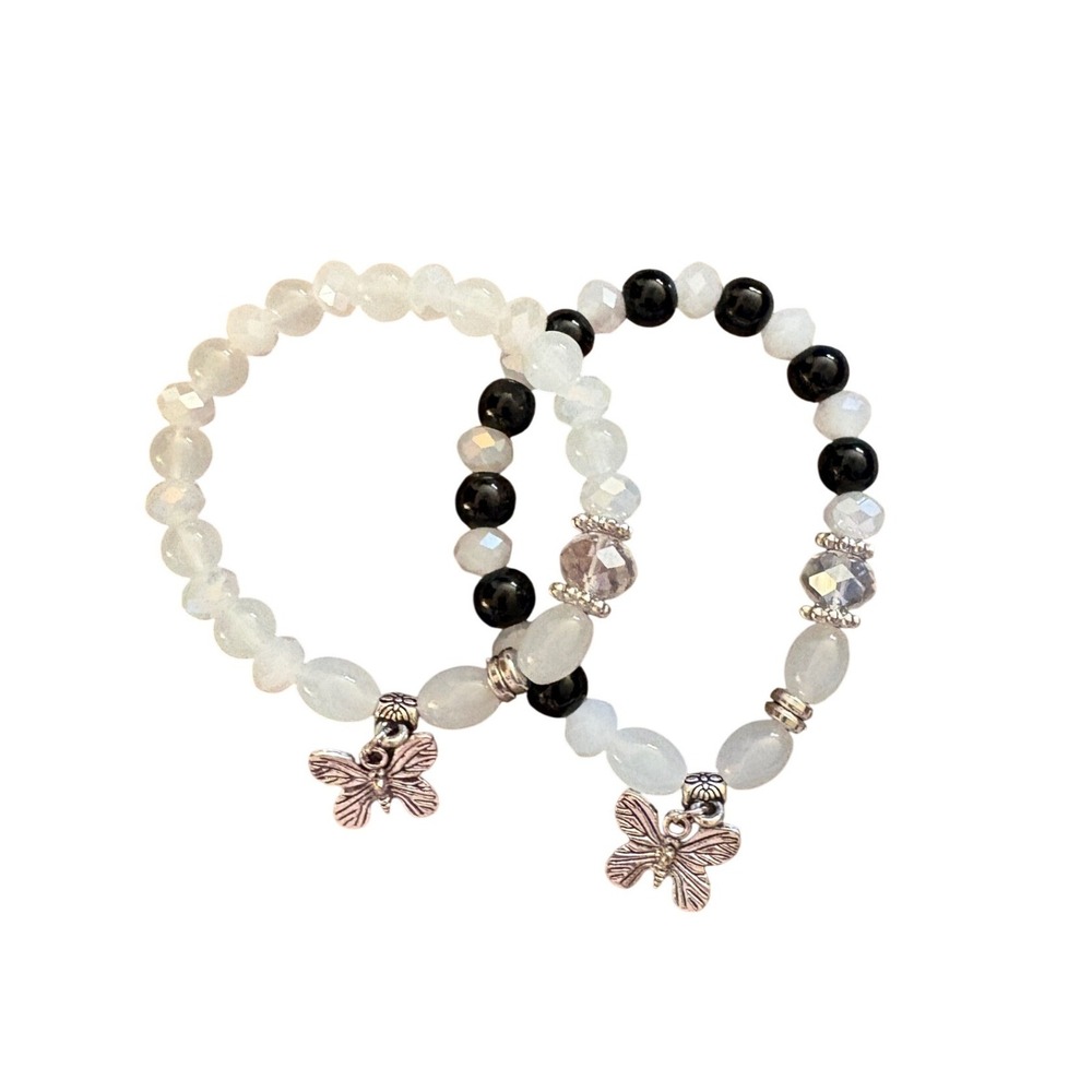 Butterfly Charm Beaded Stretch Bracelet Set Black White Silver Tone 2pc